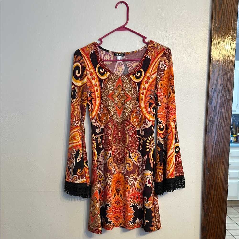 Venus Flared Bell Sleeve Dress with Lace Detail - size XS